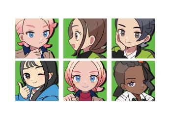 3boys 3girls :d black_hair blonde_hair blue_eyes blue_hoodie brown_eyes brown_hair brown_jacket closed_mouth dark-skinned_male dark_skin eneko_(olavcnkrpucl16a) green_jacket grin hand_up harmony_(pokemon) head_rest highres hood hood_down hoodie jacket lida_(pokemon) multiple_boys multiple_girls naveen_(pokemon) nintendo open_mouth paxton_(pokemon) pokemon pokemon_legends:_z-a shirt smile taunie_(pokemon) teeth urbain_(pokemon) white_shirt
