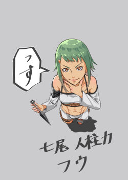 1girl abs collarbone commentary_request dark-skinned_female dark_skin detached_sleeves eyelashes fingernails fishnets forehead_jewel from_above fuu_(naruto) green_hair grey_background hair_ornament hairclip hand_on_own_chin highres holding holding_kunai holding_weapon keechino kunai lipstick looking_at_viewer makeup midriff miniskirt naruto_(series) naruto_shippuuden navel open-toe_shoes orange_eyes simple_background skirt solo speech_bubble stroking_own_chin tan tank_top tomboy toned toned_female translated v-shaped_eyebrows weapon white_tank_top
