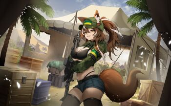 absurdres animal_ear_fluff animal_ears armband breasts brown_eyes brown_hair callisto_(greyeth) camouflage camouflage_jacket commission crate denim denim_shorts desert fox_ears fox_girl fox_tail highres holding holding_weapon jacket large_breasts looking_at_viewer mario_(inverse_atelier) multicolored_hair original palm_tree second-party_source shorts sky streaked_hair tail tent thighhighs tree weapon