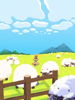 absurdres artist_name beheeyem blue_sky blurry blurry_foreground cloud fence field gen_5_pokemon gen_8_pokemon highres horizontal_pupils mountain nintendo no_humans on_grass outdoors pokemon pokemon_(creature) sakanagi_(a_r_co) sheep sky wooden_fence wooloo
