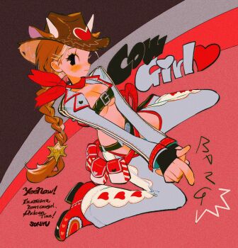 1girl animal_ears bandana bandana_around_neck belt belt_bra black_belt black_eyes blue_jacket blue_pants blush boots braid breasts brown_hair brown_headwear chaps cleavage cow_ears cow_horns cowboy_western cropped_jacket english_text finger_gun hair_ornament heart highres horns jacket long_hair looking_at_viewer medium_breasts original pants red_bandana red_boots sheriff_badge sitting smile solo soreeyu_(sore-yu) star_(symbol) star_hair_ornament very_long_hair wariza