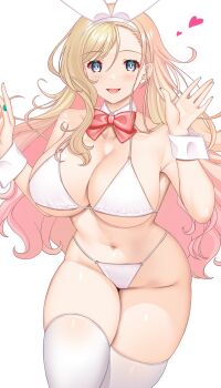 Rule 34 | 1girl, :d, animal ears, bare shoulders, bikini, blonde hair, blue eyes, blue nails, blush, bow, bowtie, breasts, cleavage, collarbone, cowboy shot, detached collar, fake animal ears, groin, hairband, hands up, hataraki kuma, heart, highres, large breasts, looking at viewer, nail polish, navel, open mouth, original, rabbit ears, red bow, red bowtie, simple background, smile, solo, swimsuit, thighhighs, white background, white bikini, white hairband, white thighhighs, wrist cuffs