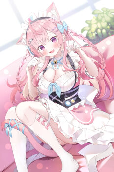 1girl absurdres animal_ear_fluff animal_ears asymmetrical_legwear bell blue_bow bow bow_legwear braid breasts cat_ears cat_girl cat_tail cleavage couch dress gloves hair_bow half_gloves hands_up highres indie_virtual_youtuber indoors kneehighs knees_up large_breasts long_hair looking_at_viewer neck_bell on_couch open_mouth paw_pose pink_bow pink_hair puffy_short_sleeves puffy_sleeves purple_eyes shokorate short_sleeves sitting smile socks tail tail_bow tail_ornament thighhighs twin_braids uneven_legwear virtual_youtuber white_gloves white_socks white_thighhighs yuuki_sakuna