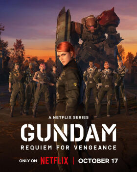 2girls 3d 6+boys alfee_zydos ander_heaton asian assault_rifle black_hair blonde_hair bob_cut boots bulletproof_vest cloud commentary dark_skin dusk emblem english_commentary english_text forest gloves goggles gun gundam gundam_requiem_for_vengeance hailey_arhun hand_on_own_hip hat helmet highres insignia iria_solari jacket kale_zavaleta kneeland_lesean kneeling logo looking_at_viewer machine_gun machinery maya_(medium) mecha military_uniform mohawk mthomasledeore multiple_boys multiple_girls nature netflix official_art ony_kasuga pilot_suit pink_hair promotional_art realistic red_hair reid_ghelfi rifle robot science_fiction serious shield shoulder_spikes soldier spacesuit spikes tattoo title unreal_engine_(medium) weapon zaku_ii zeon