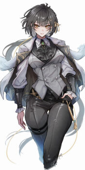 1girl absurdres aegyo_sal ahoge anklet artist_name ascot belt black_ascot black_belt black_hair black_pants breasts buttons cape closed_mouth collar colored_inner_hair commentary_request double-breasted earrings female_rover_(wuthering_waves) gem grey_background grey_vest hair_ornament hair_ribbon hairclip hand_in_pocket highres jacket jacket_on_shoulders jewelry long_hair long_sleeves looking_at_viewer makeup multicolored_hair official_alternate_costume panties pants parallel_hairclips ribbon root_(050710root) rover_(wuthering_waves) short_hair smile solo triangle_earrings twitter_username underwear very_long_hair vest white_hair white_jacket wuthering_waves yellow_eyes yellow_ribbon