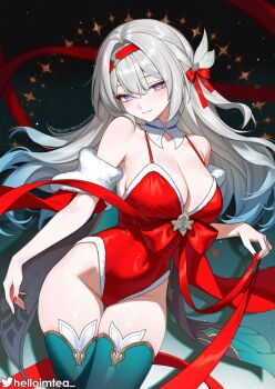 1girl alternate_costume aqua_hair artist_name bare_shoulders blue_eyes blue_pupils bow breasts cleavage closed_mouth commentary covered_navel english_commentary fingernails firefly_(honkai:_star_rail) fur-trimmed_leotard fur_trim gradient_hair green_thighhighs grey_hair groin hair_between_eyes hair_bow hair_intakes hairband halterneck helloimtea highleg highleg_leotard highres honkai:_star_rail honkai_(series) large_breasts leotard light_blush long_hair looking_at_viewer multicolored_eyes multicolored_hair nail_polish paid_reward_available patreon_username pink_eyes red_bow red_hairband red_leotard red_nails smile solo thigh_gap thighhighs thighs two-tone_eyes