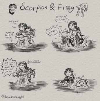 Rule 34 | 1girl, artist name, carrying, chibi, commentary, dress, english commentary, english text, eruka frog, goldstarknight, hat, highres, long hair, looking at another, monochrome, piggyback, ponytail, shaula gorgon, smile, soul eater, soul eater not!, stab, symbol-shaped pupils, traditional media, unconscious, water, wet, witch hat