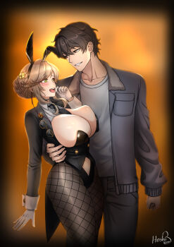 1boy 1girl ade_(agent_bunny)_(nikke) ade_(nikke) animal_ear_hairband animal_ears between_breasts black_choker black_jacket black_leotard black_necktie black_pants black_pantyhose blonde_hair blurry blurry_background blush braid breasts brown_eyes brown_hair bun_with_braided_base choker cleavage clothing_cutout clover_hair_ornament coattails collarbone commander_(nikke) commentary cowboy_shot detached_collar earpiece eye_contact eyewear_hang fake_animal_ears fishnet_pantyhose fishnets four-leaf_clover_hair_ornament glasses gloves goddess_of_victory:_nikke green_eyes grey_jacket grey_shirt hair_between_eyes hair_ornament hairband hand_on_another&#039;s_waist hand_up hetero highleg highleg_leotard highres hoshiberuu jacket large_breasts leotard long_sleeves looking_at_another male_focus navel navel_cutout necktie necktie_between_breasts official_alternate_costume open_clothes open_jacket open_mouth pants pantyhose parted_lips playboy_bunny rabbit_ear_hairband rabbit_ears shirt short_hair sidelocks signature standing strapless strapless_leotard teeth undersized_breast_cup unworn_eyewear upper_teeth_only variant_set white_wrist_cuffs wrist_cuffs