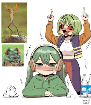 2girls arms_up artist_self-insert blush collarbone creature_and_personification crop_top drawstring drooling drunk frog frog_girl gegegekman green_eyes green_hair green_hoodie headphones highres hood hood_down hoodie horizontal_pupils jacket listening_to_music long_hair midriff multiple_girls navel open_clothes open_jacket open_mouth original personification photo_inset red_eyes reference_inset slit_pupils snail stomach twintails white_background