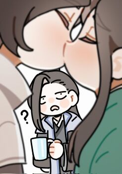 Rule 34 | 3boys, ?, asymmetrical bangs, bindi, black hair, black hanfu, blurry, blurry foreground, chibi, chibi only, chinese clothes, close-up, closed eyes, coat, collared coat, cup, green hanfu, hanfu, hashtag-only commentary, high ponytail, highres, holding, holding cup, jitome, kiss, layered sleeves, liu qingge, long hair, long sleeves, looking at another, luo binghe, male focus, mug, multiple boys, open mouth, parted bangs, ponytail, raised eyebrows, renzha fanpai zijiu xitong, shen qingqiu, sidelocks, simple background, single sidelock, white background, white coat, yaoi, zorenbigmalo