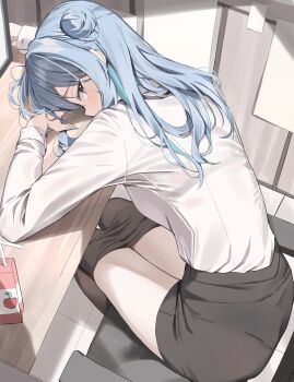 1girl absurdres black_pantyhose black_skirt blue_eyes blue_hair blue_nails blush chair clothes_pull commentary desk drinking_straw from_above hair_bun highres hololive hoshimachi_suisei indoors long_hair long_sleeves looking_at_viewer milk_carton office_lady on_chair pantyhose pantyhose_pull pantylines scarlet_(wv0102) shirt shirt_tucked_in sitting skirt solo symbol-only_commentary virtual_youtuber white_shirt