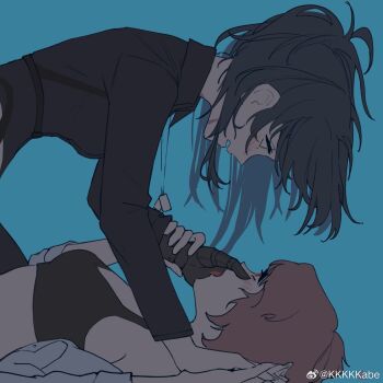 2girls abi_(kabe) angelia_(girls'_frontline) black_bra blue_background blush bra breasts chinese_commentary commentary_request female_commander_(girls'_frontline) girls'_frontline highres long_hair lying multiple_girls open_mouth pink_hair underwear yuri