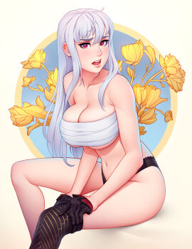 1girl artist_name bare_arms bare_shoulders black_gloves black_panties black_thighhighs breasts cleavage collarbone commentary commission english_commentary feet_out_of_frame flower gloves half_gloves highres large_breasts long_hair looking_at_viewer navel panties parted_lips red_eyes sarashi second-party_source selvaria_bles senjou_no_valkyria_(series) single_thighhigh sitting solo teeth thick_eyebrows thighhighs tsuaii underwear underwear_only upper_teeth_only white_hair yellow_background yellow_flower