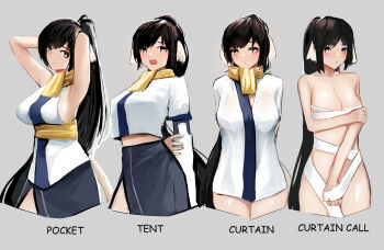 1girl absurdly_long_hair absurdres ainu_clothes aquaplus arms_behind_back arms_behind_head arms_up bandages bare_arms bare_legs bare_shoulders black_hair blush bottomless breasts bright_pupils cat_tail cleavage closed_mouth collarbone covering_breasts covering_crotch covering_privates cowboy_shot crop_top curtain_call_challenge_(meme) embarrassed from_side head_tilt high_ponytail highres holding holding_ribbon kuon_(utawarerumono) large_breasts layered_sleeves legs_together long_hair long_sleeves looking_at_viewer looking_to_the_side meme midriff midriff_peek multiple_views naked_ribbon open_clothes open_mouth ponytail ribbon sash scarf shiny_skin side_slit sideboob sidelocks sleeveless standing swept_bangs tail thick_thighs thighs thighs_together utawarerumono utawarerumono:_itsuwari_no_kamen very_long_hair wawamachi white_pupils white_tail wrapped_up yellow_eyes yellow_sash yellow_scarf