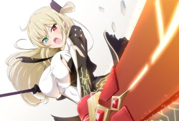 1girl blonde_hair blue_eyes breasts commentary_request danpu dual_wielding duel_monster heterochromia highres holding holding_sword holding_weapon large_breasts long_hair red_eyes shirt simple_background sky_striker_ace_-_raye solo sword torn_clothes torn_shirt weapon white_background yu-gi-oh!