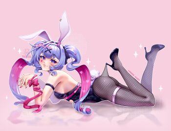 1girl :3 animal_ear_hairband animal_ears ass backless_leotard bare_arms bare_shoulders black_bow black_leotard black_pantyhose black_shoes blue_eyes blue_hair bow breasts center-flap_bangs closed_mouth colored_inner_hair commentary double-parted_bangs english_commentary eyelashes fake_animal_ears fake_tail feet_up fishnet_pantyhose fishnets full_body hair_bow hair_intakes hair_ornament hairband halftone halftone_background hatsune_miku heart heart-shaped_pupils high_heels highres knees_together_feet_apart lace_pantyhose_hooked_on_heel_(meme) leotard lips long_hair looking_at_viewer lying meme moniie_illust multicolored_hair nail_polish on_stomach outline own_hands_together pantyhose pink_background pink_bow pink_hair pink_nails pink_pupils pink_ribbon playboy_bunny rabbit_ear_hairband rabbit_ears rabbit_hole_(vocaloid) rabbit_tail reflective_floor ribbon shoes sideboob sidelocks simple_background small_breasts solo sparkle strapless strapless_leotard symbol-shaped_pupils tail teardrop_facial_mark thigh_strap twintails twitter_username two-tone_hair very_long_hair vocaloid watermark white_hairband white_outline white_tail x_hair_ornament