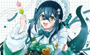 1girl :d absurdres bare_shoulders black_corset blush bonnet breasts collar colored_inner_hair commentary corset crossed_bangs dango detached_sleeves fangs fish floral_print floral_print_kimono flower-shaped_pupils flower_hairpin food frilled_bonnet frilled_collar frills green_eyes green_hair green_kimono green_ribbon green_tail grid_background hair_ornament hair_ribbon hairclip hand_up highres holding holding_food japanese_clothes kimono lizard_tail long_hair long_sleeves looking_at_viewer multicolored_hair neck_ribbon nijisanji obiage obijime open_mouth print_kimono ribbon sakana2434 sanshoku_dango small_breasts smile solo sparkle symbol-only_commentary symbol-shaped_pupils tail tail_raised togawa_nonoha upper_body virtual_youtuber wagashi white_background white_bonnet white_sleeves