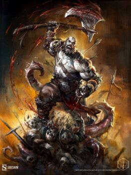 1boy arrow_(projectile) artist_collaboration artist_request axe bald bare_pectorals beard biceps blood bloody_weapon blue_skin chest_harness colored_skin critical_role dungeons_&amp;_dragons facial_hair fighting_stance grog_strongjaw harness head_tattoo highres holding holding_axe impaled large_hands large_pectorals looking_at_viewer male_focus mature_male muscular muscular_male mustache nipples official_art pants pectorals pelvic_curtain pile_of_corpses serious shoulder_tattoo skull solo sword tattoo tentacles the_legend_of_vox_machina thick_eyebrows veins veiny_arms weapon