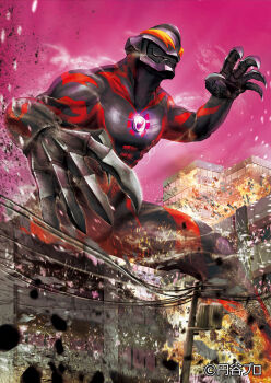 Rule 34 | 1boy, alien, black skin, building, claws, color timer, colored skin, commentary request, dai-kaijuu battle ultra ginga densetsu the movie, destruction, giant, gozz, multicolored skin, muscular, muscular male, official art, orange eyes, pink sky, red skin, sky, solo, tokusatsu, ultra galaxy (series), ultra series, ultraman belial, ultraman geed (series)