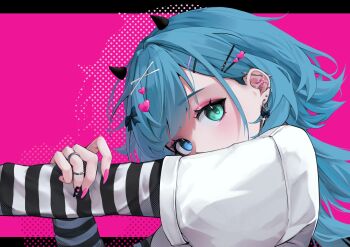 1girl aqua_hair black_horns blue_eyes ceskyne covered_mouth ear_piercing earrings eyeshadow green_eyes hair_ornament hairpin heart heart_hair_ornament heterochromia highres horns jewelry layered_sleeves long_hair long_sleeves looking_at_viewer makeup multicolored_nails multiple_hairpins original piercing pink_eyeshadow ring shirt short_over_long_sleeves short_sleeves solo striped_clothes striped_shirt white_shirt