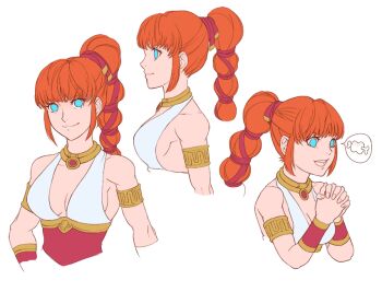 Rule 34 | 3girls, armlet, armored corset, artist request, bare shoulders, blade strangers, blue eyes, boned meat, bracer, breasts, corset, dual persona, eyelashes, fingernails, food, from side, gold armlet, gold collar, gold trim, greco-roman clothes, hair ribbon, half updo, halterneck, helen (blade strangers), jewelry, long hair, looking at viewer, low-tied long hair, meat, medium breasts, multiple girls, nape, official art, orange hair, own hands together, partially colored, pendant, production art, profile, red corset, red ribbon, ribbon, second-party source, sidelocks, smile, speech bubble, split mouth, teeth, tongue, upper body, upper teeth only