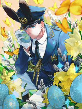 1boy absurdres aiguillette animal_ears black_hair blue_eyes bug butterfly easter easter_egg egg fake_animal_ears flower gloves hat highres insect jacket male_focus medal military_jacket military_uniform mori_hisato original peaked_cap shirt short_hair white_flower white_gloves white_shirt yellow_butterfly yellow_flower