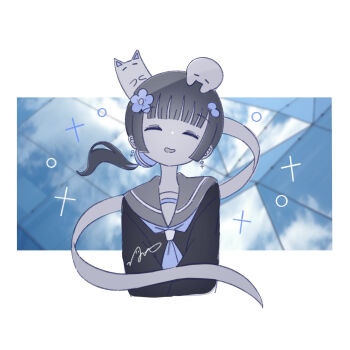 1girl closed_eyes earrings facing_viewer ghost highres jewelry long_hair omochi_noa open_mouth original outside_border ponytail school_uniform serafuku signature smile solo upper_body