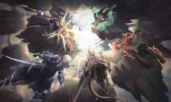 2girls 3boys abs absurdres ahoge armored_boots azura_anblue black_dress black_pants blonde_hair blue_coat blue_eyes boots breasts coat dragon_girl dragon_horns dragon_tail dress fantasy fire floating_island gauntlets green_hair heterochromia highres holding holding_polearm holding_sword holding_weapon horns jacket lightning long_hair magic_circle medium_breasts multiple_boys multiple_girls muscular muscular_female original pants polearm red_eyes red_hair red_jacket single_horn spear sword tail thigh_boots thighhighs weapon weapon_on_back white_hair yellow_eyes