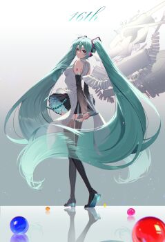 1girl absurdres aqua_eyes aqua_hair aqua_nails aqua_necktie aqua_trim arm_tattoo arms_behind_back black_skirt black_sleeves black_thighhighs boots breasts commentary detached_sleeves english_commentary frills gradient_background hair_between_eyes hair_ornament hatsune_miku headset highres long_hair long_sleeves looking_back miniskirt nail_polish necktie number_tattoo perspective pleated_skirt reflective_floor see-through_clothes see-through_sleeves seoki_(hi3031) shirt skirt tattoo thigh_boots thighhighs twintails very_long_hair vocaloid white_shirt zettai_ryouiki
