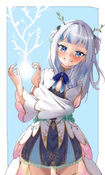 Rule 34 | 1girl, absurdres, antlers, blue bow, blue bowtie, blue dress, blue eyes, blue hair, blunt bangs, blush, bow, bowtie, ceres fauna, ceres fauna (1st costume), ceres fauna (cosplay), commentary, cosplay, dress, frilled skirt, frills, gawr gura, grey hair, grin, hand up, high-low dress, high-low skirt, highres, hololive, hololive english, horns, inset border, layered dress, long hair, long sleeves, looking at viewer, multicolored hair, pink dress, pyrokuro, short dress, skirt, skirt under dress, smile, solo, streaked hair, two-sided dress, two-sided fabric, two side up, virtual youtuber, white dress, wide sleeves