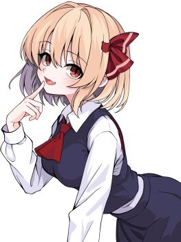 Rule 34 | ascot, black skirt, black vest, blonde hair, blush, commentary, fang, finger to mouth, hair ribbon, highres, long sleeves, looking at viewer, red ascot, red eyes, red ribbon, ribbon, rouka (pixiv 38584860), rumia, shirt, short hair, simple background, skin fang, skirt, smile, touhou, transparent background, vest, white shirt