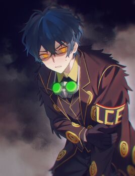 Rule 34 | 1boy, armband, black armband, black coat, black gloves, black pants, black vest, blue hair, buhuaixiaoguai, chromatic aberration, clenched teeth, coat, commentary, contrast collar, cowboy shot, diffraction (e.g.o), double-parted bangs, e.g.o (project moon), english commentary, eye print, film grain, fur-trimmed coat, fur trim, furrowed brow, gloves, glowing, glowing eyes, goggles, goggles around neck, gold trim, hair between eyes, hand on own arm, highres, hohenheim (project moon), lamp (e.g.o), lapels, leaning forward, limbus company, long sleeves, looking at viewer, male focus, messy hair, night vision device, notched lapels, open clothes, open coat, pants, project moon, ringed eyes, short hair, smoke, solo, sweat, teeth, vest, yellow eyes