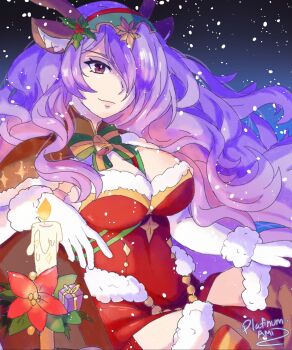 1girl animal_ears antlers bell bow breasts camilla_(fire_emblem) camilla_(flurry_embrace)_(fire_emblem) candle capelet christmas cleavage closed_mouth commentary deer_ears dress english_commentary fake_animal_ears fake_antlers fire fire_emblem fire_emblem_fates fire_emblem_heroes flower fur-trimmed_capelet fur-trimmed_dress fur_trim gloves hair_over_one_eye highres horns large_breasts nintendo official_alternate_costume platinum_ami purple_eyes purple_hair reindeer_antlers santa_costume santa_dress smile snow solo thighs wavy_hair white_gloves