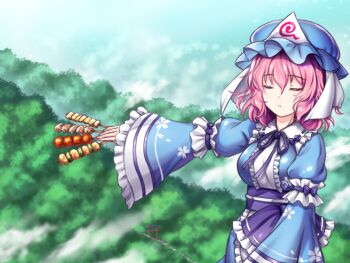 Rule 34 | 1girl, blue hat, blue kimono, bug, butterfly, cherry blossom print, closed eyes, closed mouth, commentary request, floral print, food, frilled kimono, frills, hat, insect, japanese clothes, kimono, long sleeves, mob cap, outdoors, pink hair, s1a1nokoka, saigyouji yuyuko, short hair, solo, template, touhou, triangular headpiece, yakitori