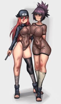 2girls arm_around_waist asymmetrical_docking bandana breast_press breasts commentary covered_navel english_commentary fishnet_leotard fishnets flute forehead_protector full_body hair_between_eyes highres holding holding_instrument instrument kelvin_hiu large_breasts leotard long_hair long_sleeves looking_at_another looking_at_breasts looking_at_viewer mitarashi_anko multiple_girls naruto_(classic) naruto_(series) red_hair sandals second-party_source short_sleeves single_thighhigh standing tayuya_(naruto) thighhighs thighs