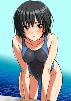 1girl absurdres all_fours amagami black_eyes black_hair black_one-piece_swimsuit bob_cut breasts collarbone commentary_request competition_swimsuit covered_erect_nipples feet_out_of_frame highleg highleg_one-piece_swimsuit highres looking_at_viewer medium_breasts nanasaki_ai one-piece_swimsuit short_hair solo swimsuit two-tone_one-piece_swimsuit two-tone_swimsuit wet yuuyuu_(3jjbn)