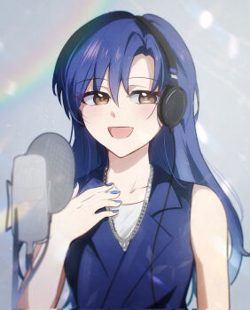 1girl ashita_(tthegufd) blue_hair blue_nails brown_eyes fingernails hand_up headphones highres idolmaster idolmaster_(classic) kisaragi_chihaya long_hair microphone nail_polish open_mouth sideways_glance sleeveless smile solo the_first_take upper_body