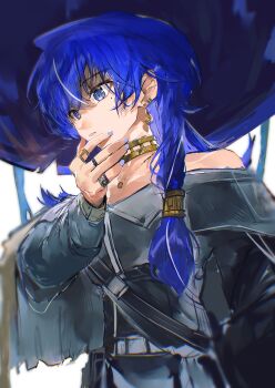 Rule 34 | 1girl, absurdres, bare shoulders, black shirt, blue eyes, blue hair, blue nails, earrings, hand on own chin, hand up, hat, highres, jewelry, long hair, long sleeves, mole, mole under eye, multiple rings, nail polish, necklace, off shoulder, original, ring, shirt, simple background, solo, sudadachi, upper body, white background, witch hat