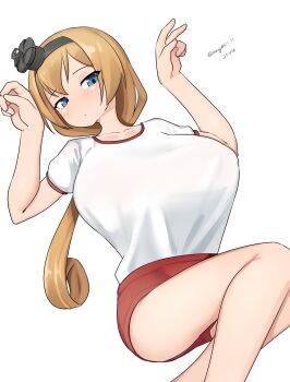 1girl absurdres black_hairband blonde_hair blue_eyes breasts buruma crown feet_out_of_frame gym_shirt gym_uniform hairband highres huge_breasts kantai_collection low_ponytail maru_(marg0613) mini_crown one-hour_drawing_challenge ponytail red_buruma shirt simple_background solo t-shirt valiant_(kancolle) w_arms white_background white_shirt