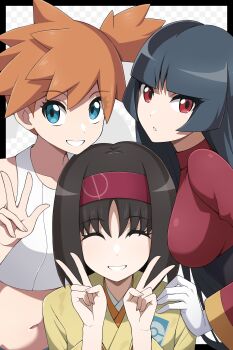 3girls absurdres black_hair blue_eyes breasts closed_eyes commentary_request double_v erika_(pokemon) gloves greyscale highres jacket japanese_clothes kimono large_breasts long_hair looking_at_viewer midriff misty_(pokemon) monochrome multiple_girls navel nintendo pokemon pokemon:_let's_go_pikachu!_and_let's_go_eevee! pokemon_firered_and_leafgreen red_eyes red_jacket sabrina_(pokemon) shabana_may shirt short_hair smile teeth v white_gloves white_shirt yellow_kimono