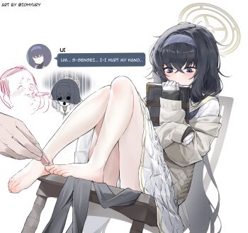 absurdres bandages bare_legs black_hair blue_archive blue_eyes blue_neckerchief blush book brown_cardigan brown_halo cardigan chair crossed_bangs english_text feet grey_cardigan hair_between_eyes hairband halo hard-translated highres holding holding_book hyury long_hair nail_clippers neckerchief panties sailor_collar sensei_(blue_archive) simple_background sitting skirt smell smelling third-party_edit toenails toes ui_(blue_archive) underwear very_long_hair white_panties white_sailor_collar white_skirt