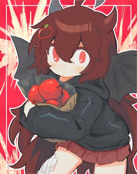 1girl @_@ absurdres ahoge apple apple_hair_ornament bandaid bandaid_on_leg black_hoodie commission commissioner_upload demon_wings felicitee_(utatatane) food food-themed_hair_ornament fruit hair_horns hair_ornament highres hood hoodie inset_border long_hair looking_at_viewer mismatched_irises mismatched_pupils non-web_source original red_eyes red_hair red_skirt skeb_commission skirt solo unko_tonjiru wings