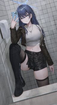 1girl absurdres alternate_costume black_boots black_shorts black_thighhighs blue_archive blue_eyes blue_hair blue_halo blue_nails boots breasts brown_jacket cellphone closed_mouth cropped_jacket cropped_shirt flippy_(cripine111) halo highres holding holding_phone jacket large_breasts leg_up long_hair looking_at_viewer mirror_selfie navel open_clothes open_jacket phone saori_(blue_archive) selfie shirt shorts smartphone smile solo stomach thigh_boots thighhighs white_shirt