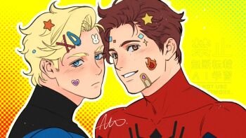 2boys bandaid bandaid_on_face blonde_hair blue_bodysuit blue_eyes blush bodysuit brown_eyes brown_hair closed_mouth commentary_request fantastic_four fire hair_ornament johnny_storm looking_at_viewer male_focus marvel multicolored_bodysuit multiple_boys peter_parker sherlock7akane short_hair signature smile spider-man_(series) sticker sticker_on_face toned toned_male two-tone_bodysuit yaoi