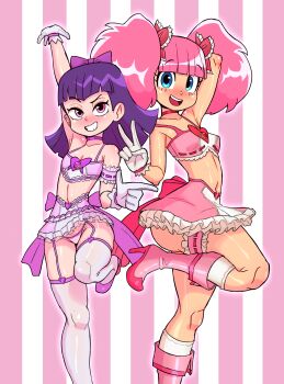 2girls absurdres amaryllis_(high_guardian_spice) arm_above_head arm_behind_head arm_up asymmetrical_docking bare_shoulders blue_eyes blush boots bra breast_press breasts choker collarbone eyelashes female_focus flat_chest foot_out_of_frame foot_up frilled_skirt frills garter_straps gloves gluteal_fold grin hand_up high_guardian_spice high_heel_boots high_heels highres loli looking_at_viewer magical_girl medium_hair midriff miniskirt multiple_girls navel open_mouth panties petite pink_background pink_boots pink_bra pink_choker pink_eyes pink_hair pink_skirt purple_bra purple_choker purple_hair purple_panties purple_shoes purple_skirt rosemary_(high_guardian_spice) rukisan(pixiv) shoes simple_background skirt small_breasts smile socks standing standing_on_one_leg teeth thighhighs twintails two-tone_background two-tone_bra two-tone_skirt underwear upper_teeth_only v white_background white_bra white_gloves white_skirt white_socks white_thighhighs