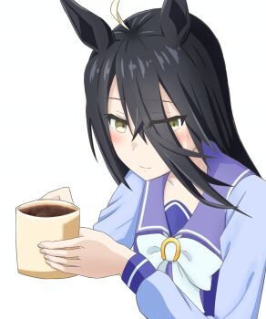 Rule 34 | 1girl, absurdres, ahoge, animal ears, bow, bowtie, closed mouth, coffee, cup, eyes visible through hair, hair between eyes, hands up, highres, holding, holding cup, horse ears, horse girl, long bangs, long hair, long hair between eyes, long sleeves, manhattan cafe (umamusume), mug, purple sailor collar, sailor collar, school uniform, smile, solo, tracen school uniform, umamusume, user uynz8453, white background, white bow, white bowtie, white hair, yellow eyes