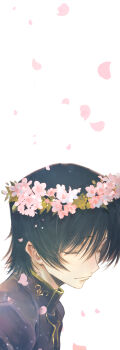 1boy absurdres ashford_academy_school_uniform black_hair black_shirt closed_eyes code_geass falling_petals flower flower_wreath from_side head_wreath highres lelouch_vi_britannia male_focus petals pink_flower pink_petals portrait school_uniform shirt short_hair simple_background smile solo turtleneck white_background youlitai