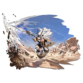 1girl animal_ears arknights black_skirt coat grey_eyes grey_hair hadiya_(arknights) highres holding holding_weapon horns long_hair matsuo_shogo multicolored_hair official_art open_clothes open_coat pencil_skirt pouch sheep_girl sheep_horns simple_background skirt tail thigh_pouch thighhighs two-tone_hair weapon white_thighhighs