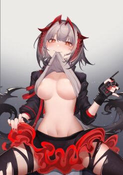 1girl absurdres ahoge ajiu_(ajiuyaa) antenna_hair areola_slip arknights black_jacket black_pantyhose black_scarf black_skirt blush breasts controller cowboy_shot demon_girl demon_horns detonator fingerless_gloves gloves gradient_background grey_background grey_hair grey_shirt groin hands_up highres holding holding_remote_control horns jacket lifting_own_clothes looking_at_viewer medium_breasts mouth_hold nail_polish navel no_bra open_clothes open_jacket pantyhose red_nails remote_control scarf shirt skirt smile solo spread_legs three-quarter_sleeves torn_clothes two-sided_fabric two-sided_skirt w_(arknights) yellow_eyes
