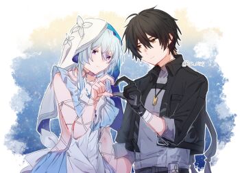 1boy 1girl a_oiui artist_name black_gloves black_hair black_jacket black_pants blue_dress blue_hair closed_mouth commentary_request dress gloves grey_shirt heart heart_hands heart_hands_duo jacket jewelry long_hair looking_at_another looking_at_viewer male_rover_(wuthering_waves) pants purple_eyes red_eyes ring rover_(wuthering_waves) shirt shorekeeper_(wuthering_waves) short_hair veil white_veil wuthering_waves